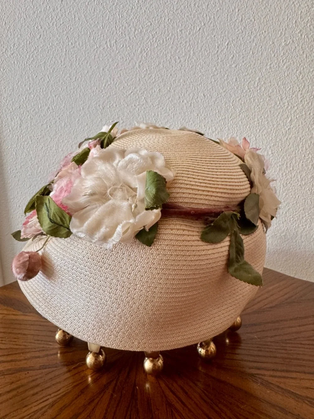 Vintage 1950s Cream millinery Hat with Pink and Green Flowers and Velvet Bow